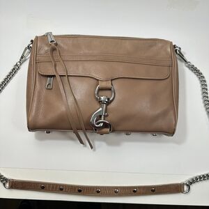Rebecca Minkoff Crossbody Bag Leather Chain Handbag Neutral Tan & Silver Purse